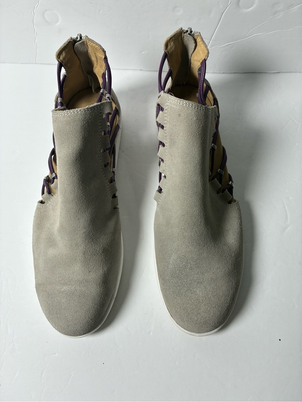 Emu Gray Suede Cutout Sandals with Purple Lacing